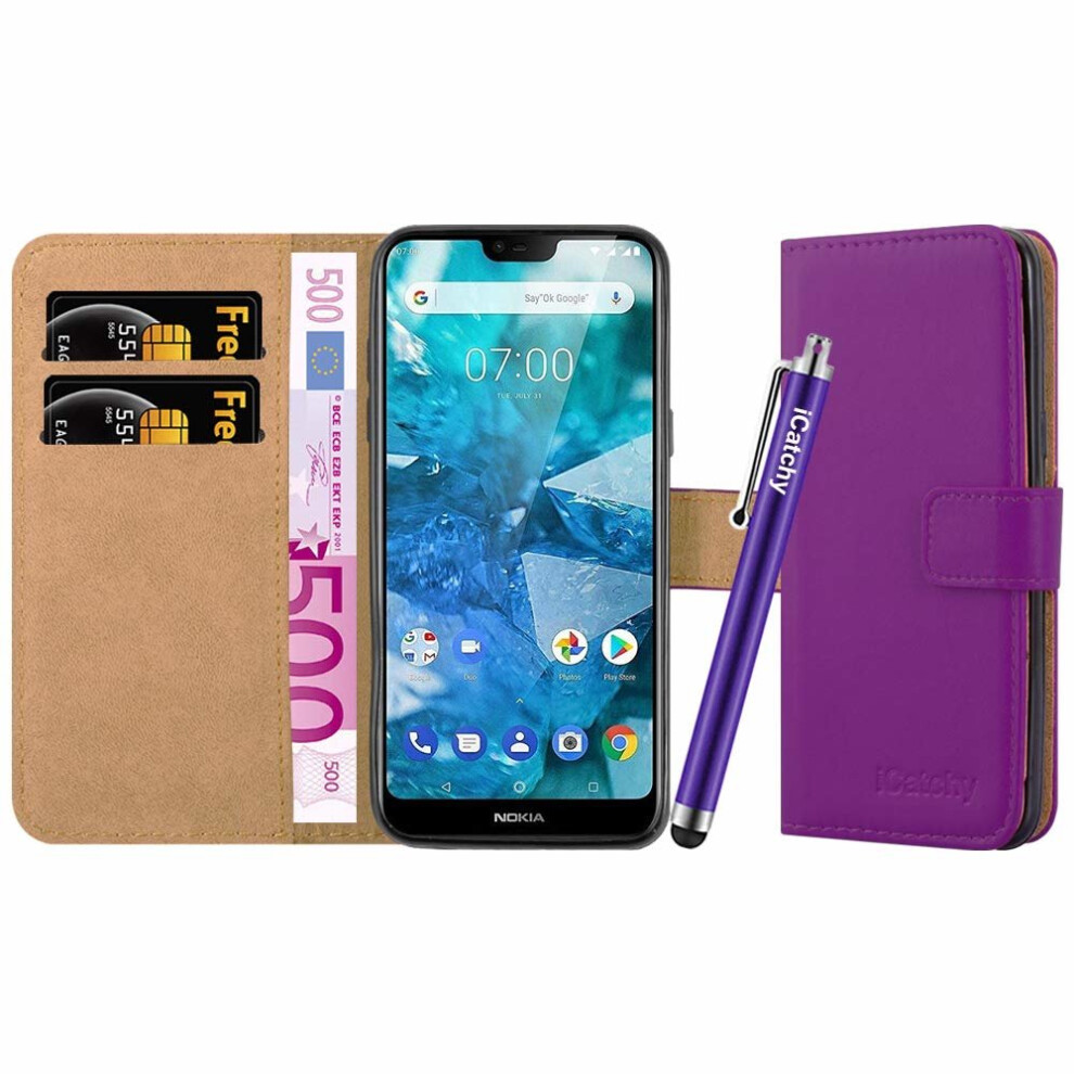 (Purple) For Nokia 7.1 Premium Leather Wallet Flip Case Purple 5060566919678