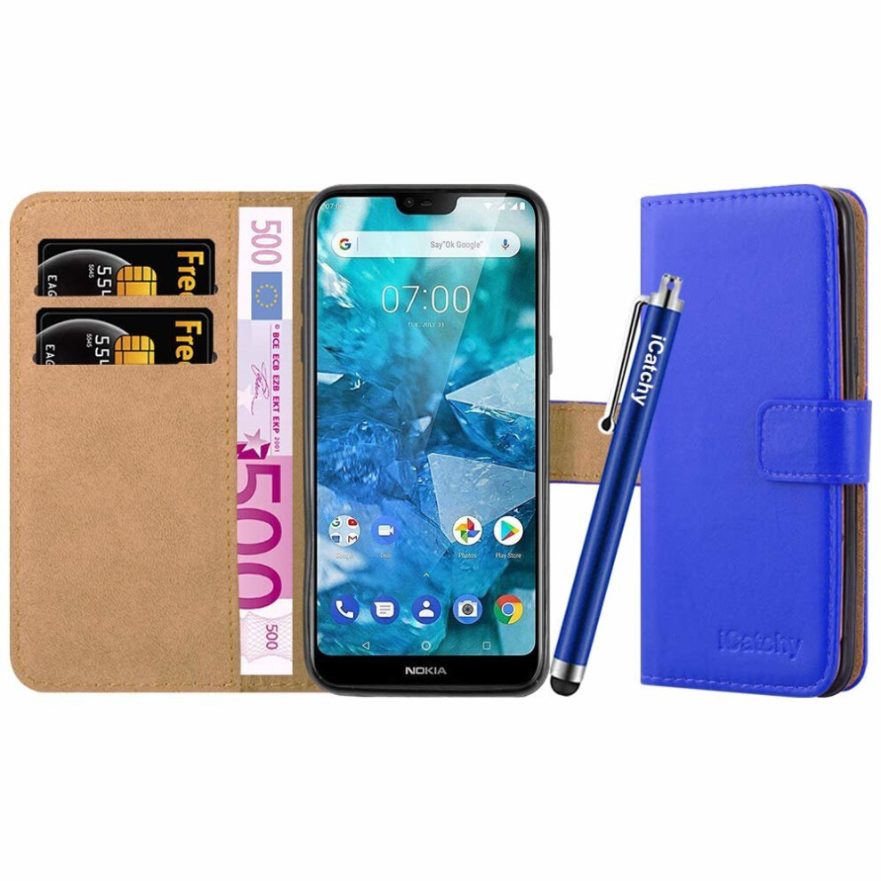 (Blue) For Nokia 7.1 Premium Leather Wallet Flip Case