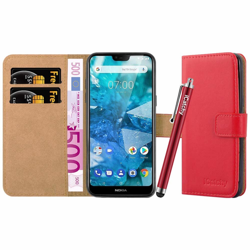 (Red) For Nokia 7.1 Premium Leather Wallet Flip Case Red 5060566919685
