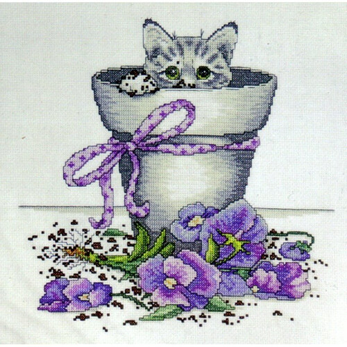 Flowerpot Kitty Cat Counted Cross Stitch Kit