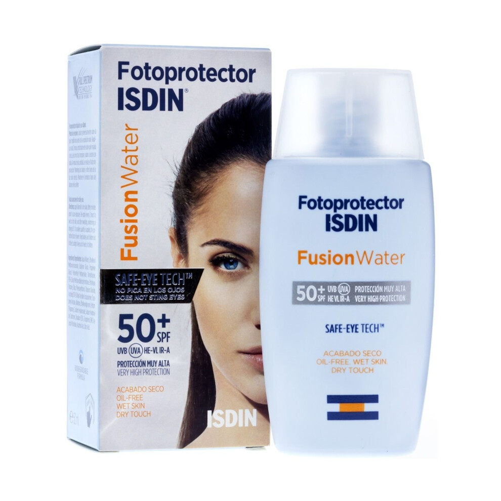 Isdin Fusion Water SPF 50+ sunscreen — Safe-Eye, oil-free, water-resistant, non-stinging, for sensitive and atopic skin, 50 ml
