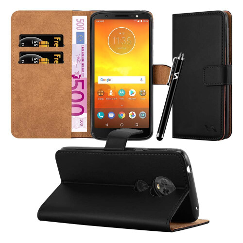 (Black) For Moto E5 Leather Wallet Flip Case Cover