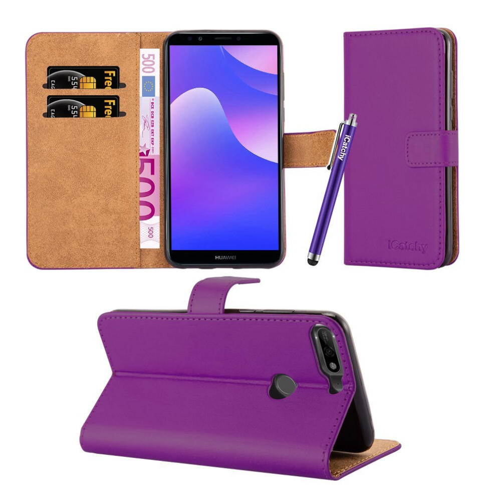 (Purple) For Huawei Y7 2018 Leather Wallet Folio Case Cover Purple 5060566916691