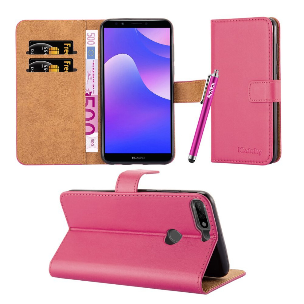 (Pink) For Huawei Y7 2018 Leather Wallet Folio Case Cover Pink 5060566916714
