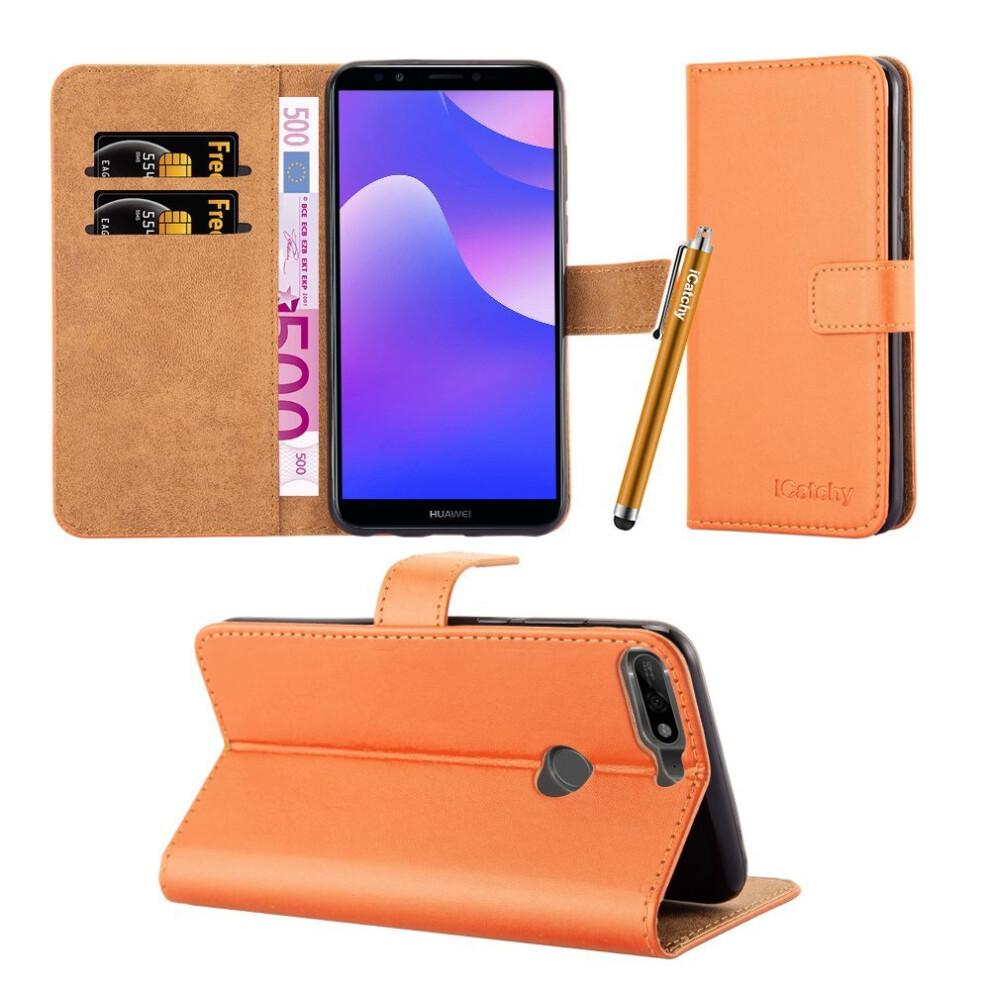 (Orange) For Huawei Y7 2018 Leather Wallet Folio Case Cover Orange 5060566916684