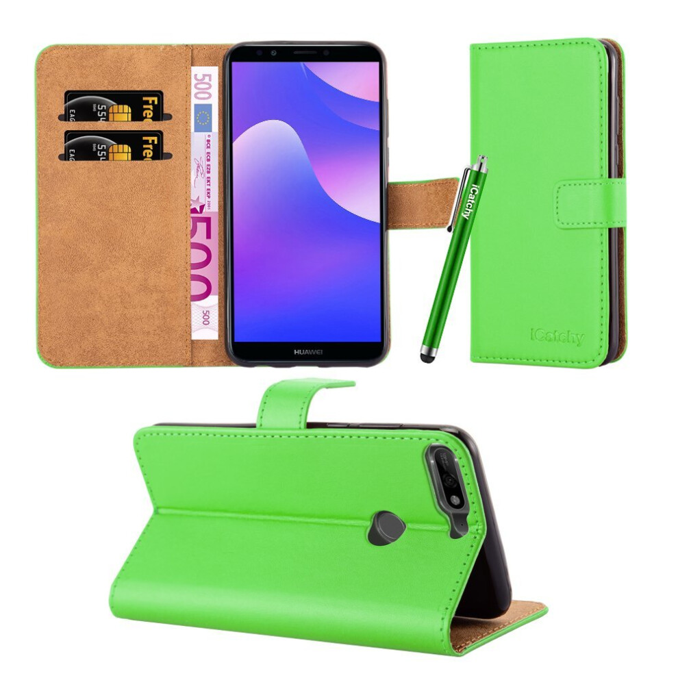 (Green) For Huawei Y7 2018 Leather Wallet Folio Case Cover Green 5060566916677