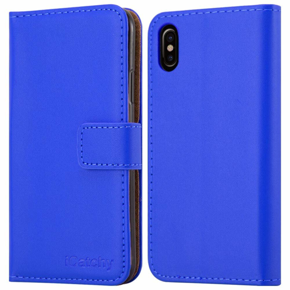 (Blue) For Iphone Xs Max Leather Wallet Flip Holder Case Blue 5060566918909