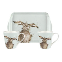 Portmeirion Wrendale Designs Hare Printed Two Porcelain Coffee Mugs & Tray Set
