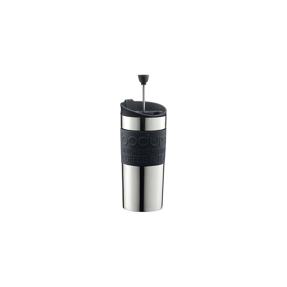 BODUM Travel Press Set Small Stainless Steel Coffee Maker with Extra Lid, Vacuum, 0.35 Litre/ 12 oz, Black