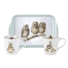 Portmeirion Wrendale Designs Animal Printed Two Porcelain Coffee Mugs & Tray
