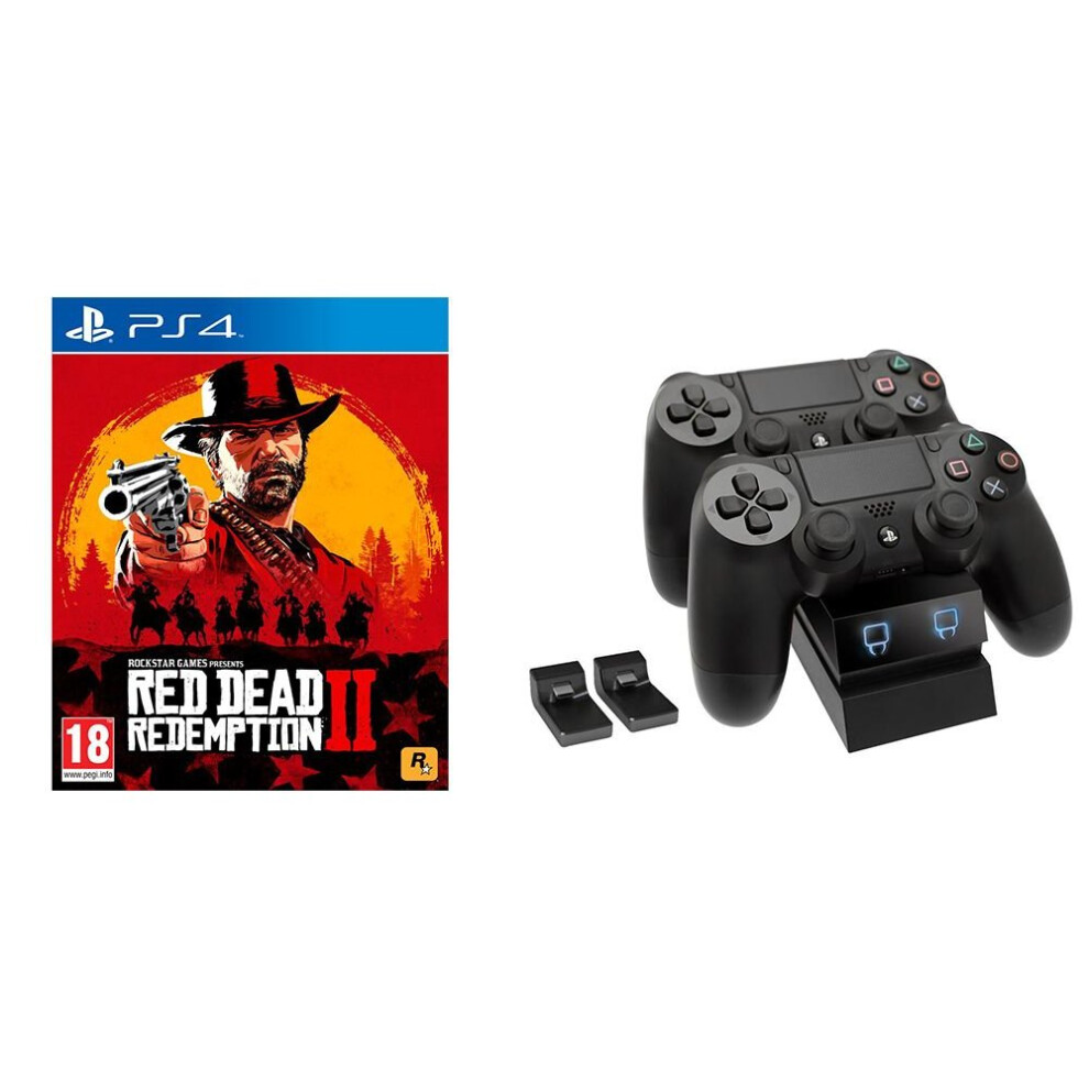 PS4 Red Dead Redemption 2 & Twin Docking Station Bundle, Red