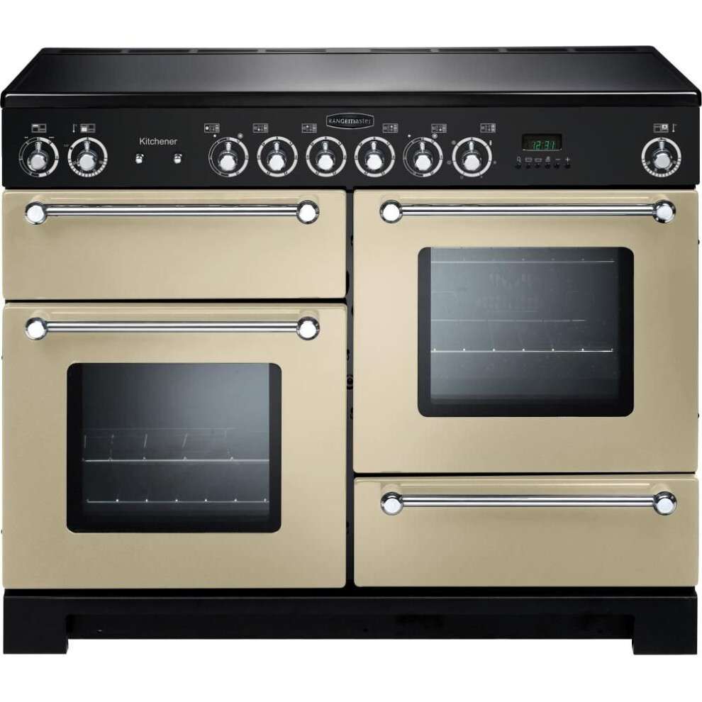 Rangemaster Kitchener 110 Electric Ceramic Range Cooker - Cream & Chrome, Cream Black