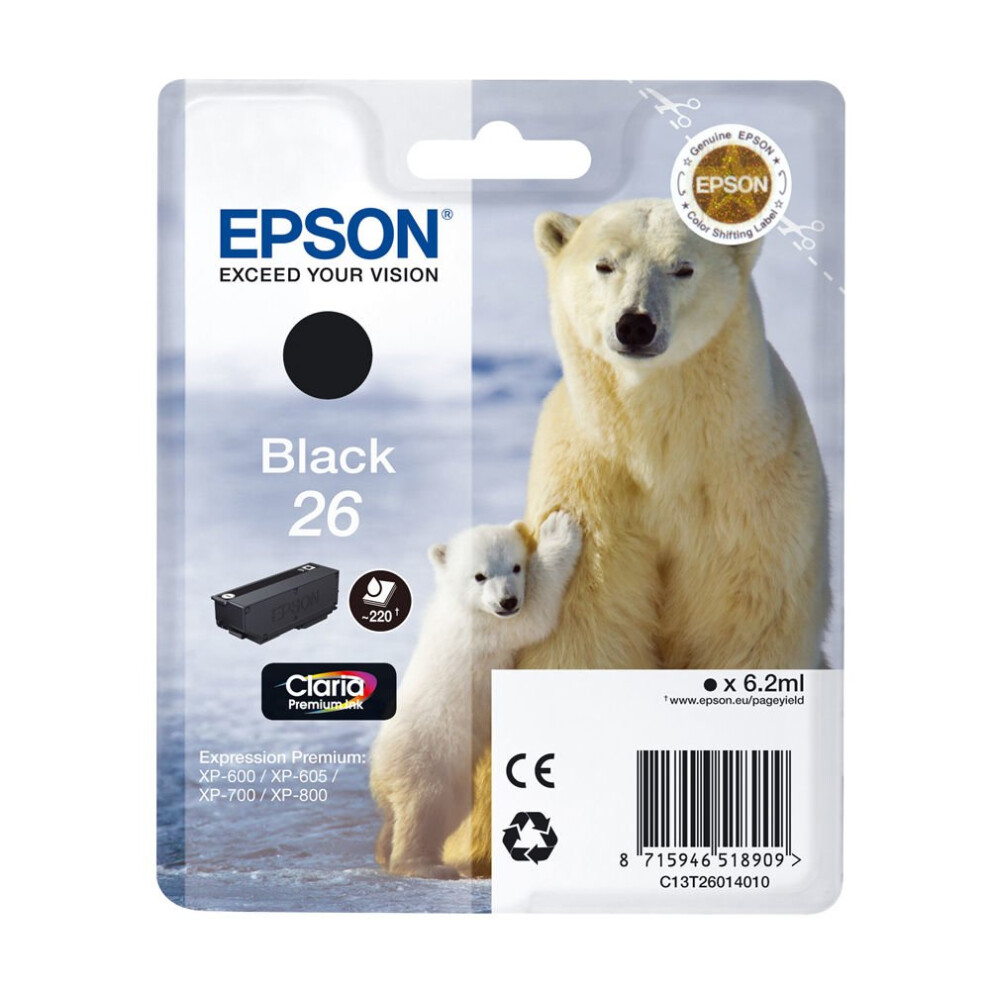 Epson Black 26 (T260140) Original Claria Premium Standard Capacity Ink Cartridge (Polar Bear) - Image 3