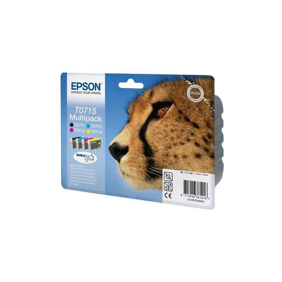 Epson Cheetah T0715 Cyan, Magenta, Yellow & Black Ink Cartridges - Multipack, Cyan Blue,Pink,Black
