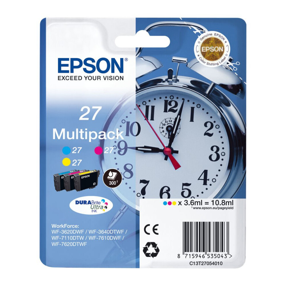 Epson Alarm Clock 27 Cyan, Magenta & Yellow Ink Cartridges - Multipack, Cyan Blue,Pink,Yellow