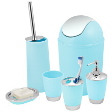 Kabalo Blue 6 Piece Bathroom Shower Accessory Set Bath Accessories - Bin, Soap Dispenser & Dish, Toilet Brush, Toothbrush Holder, Tumbler Cup