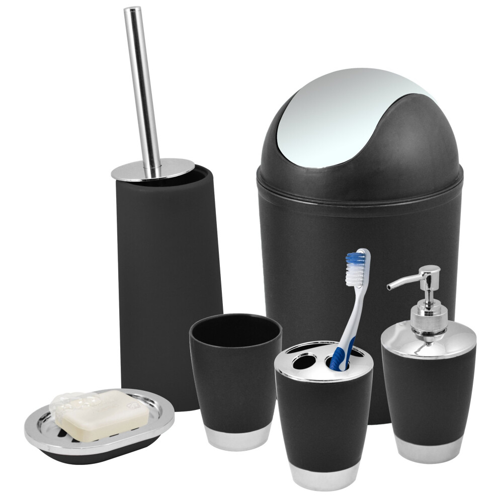 Kabalo Black 6 Piece Bathroom Shower Accessory Set Bath Accessories - Bin, Soap Dispenser & Dish, Toilet Brush, Toothbrush Holder, Tumbler Cup