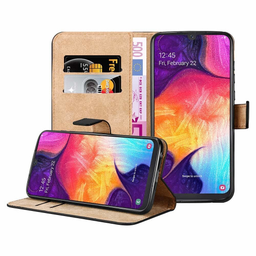 (Black) For Galaxy A50 Leather Wallet Magnetic Case Cover