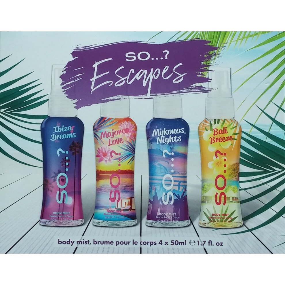 So...? Escapes Body Mist 4 Piece Gift Set, Women's Body Spray