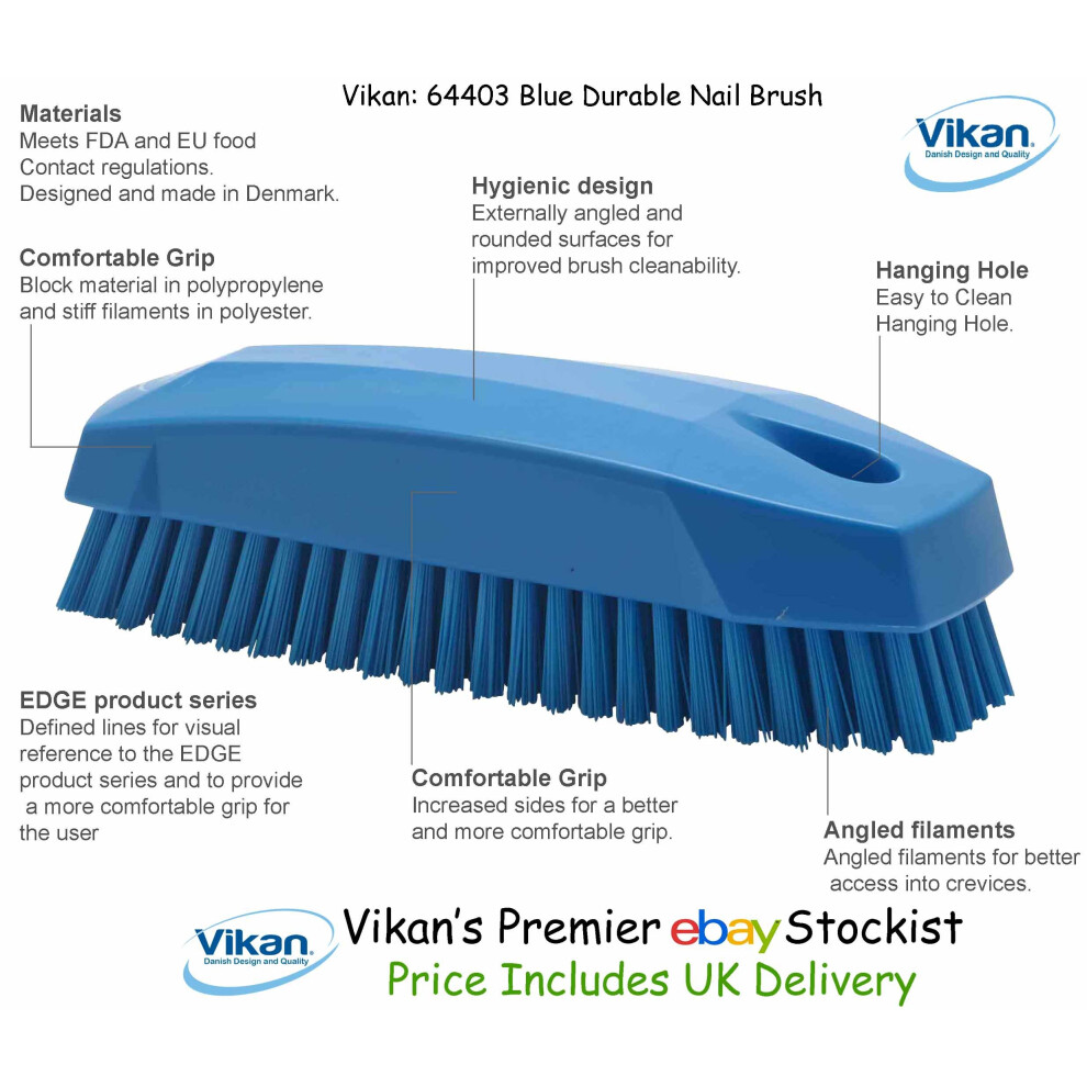 (Blue) Vikan 6440n Stiff Nail Scrubbing Brush Clean Bathroom Kitchen Upholstery Fabric