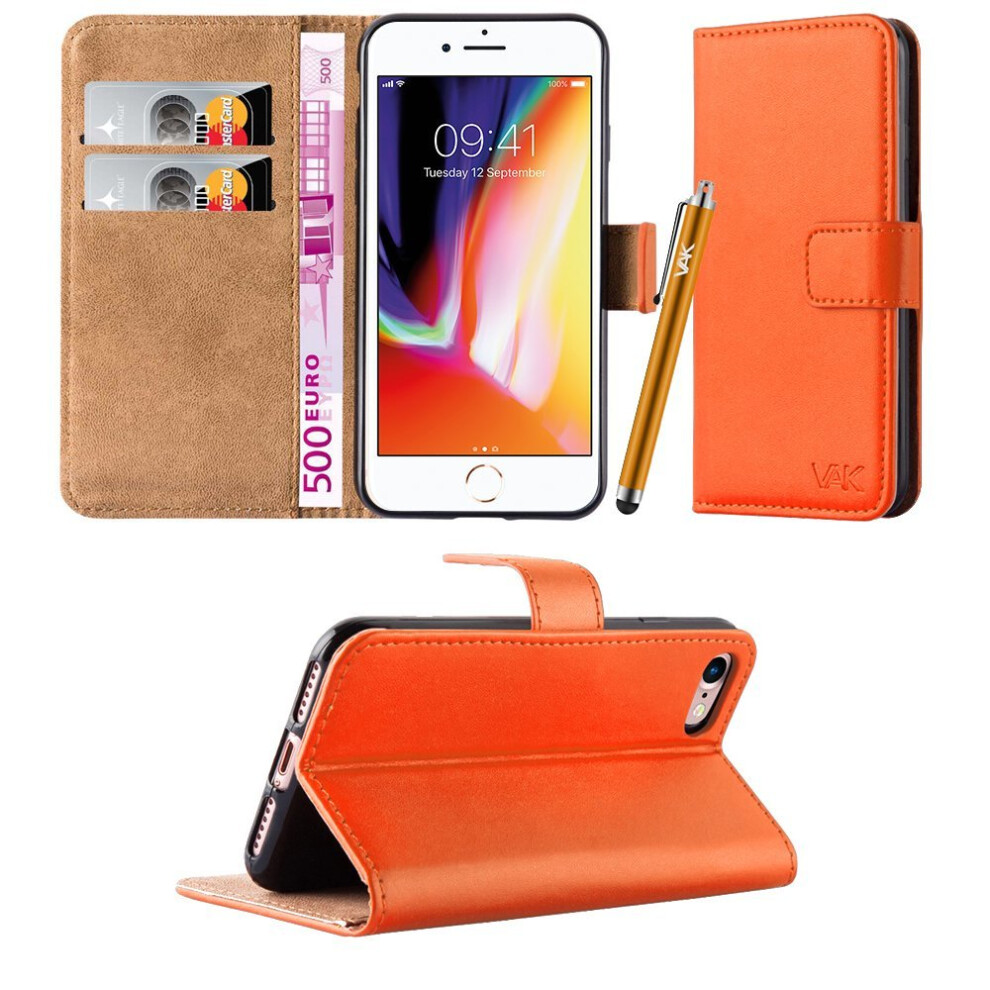 (Orange) For iPhone 8 Premium Leather Wallet Case Cover