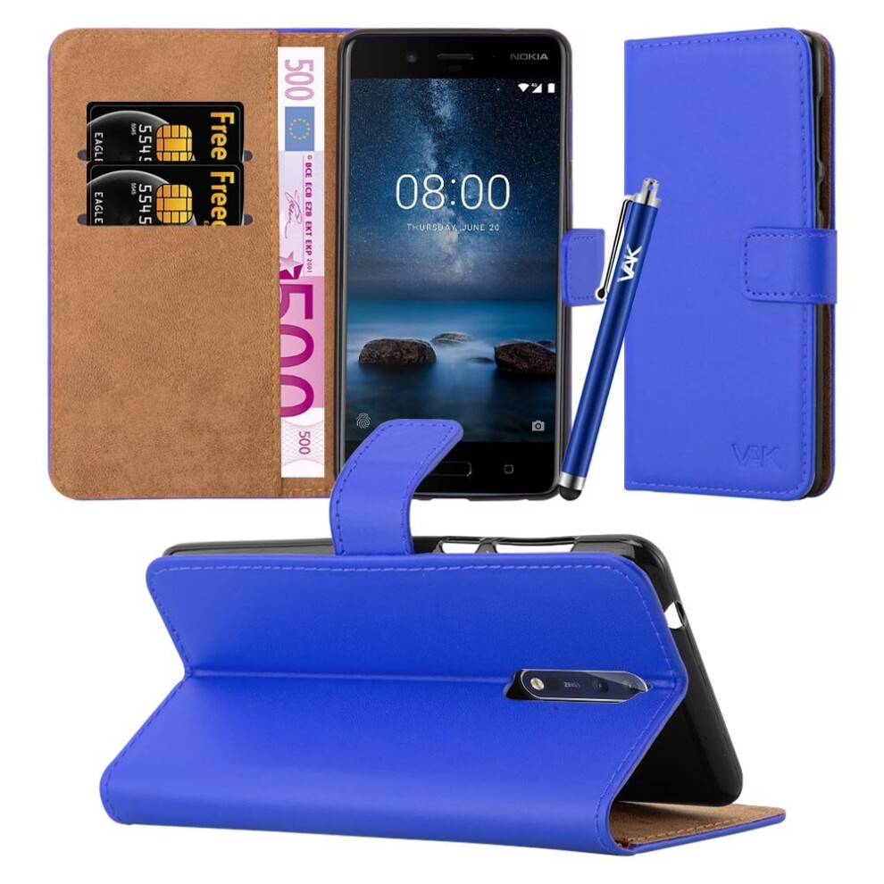 (Blue) For Nokia 8 Premium Leather Wallet Flip Case Cover