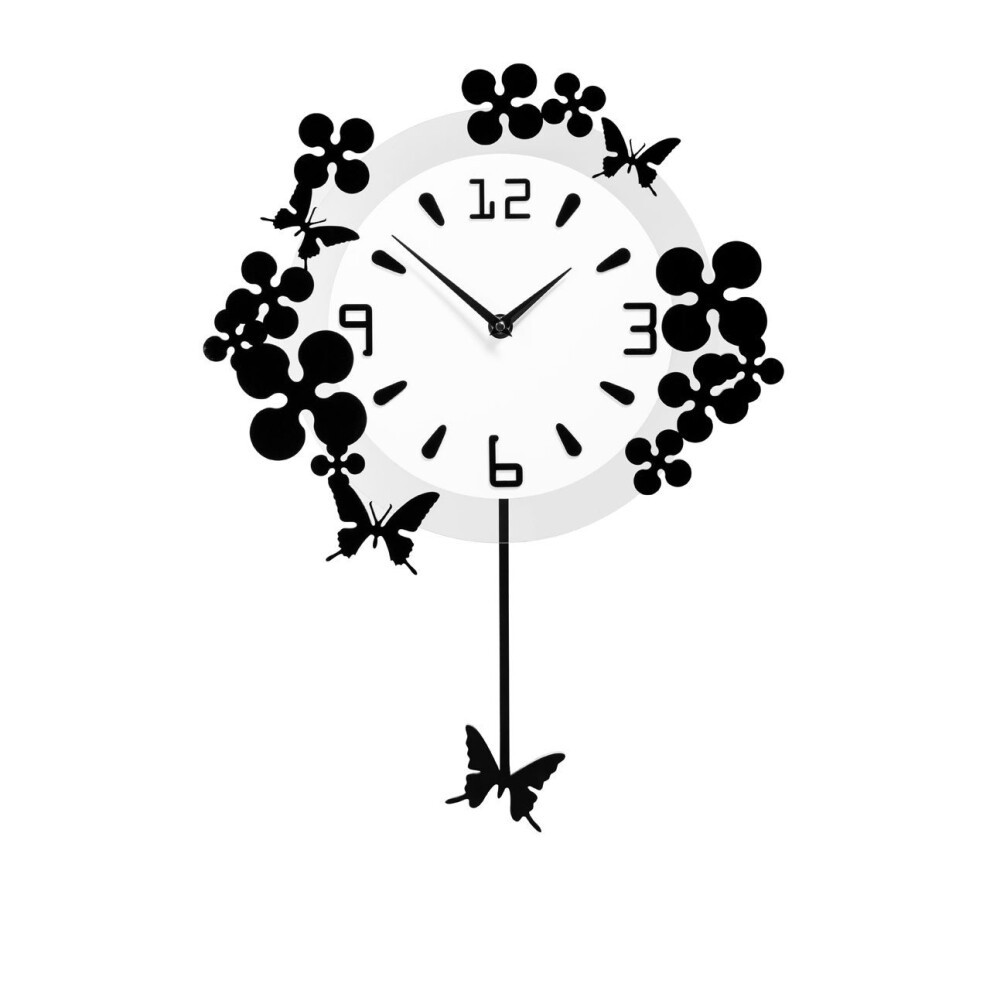 Flower and Butterfly Detail Pendulum Wall Clock, White/Black