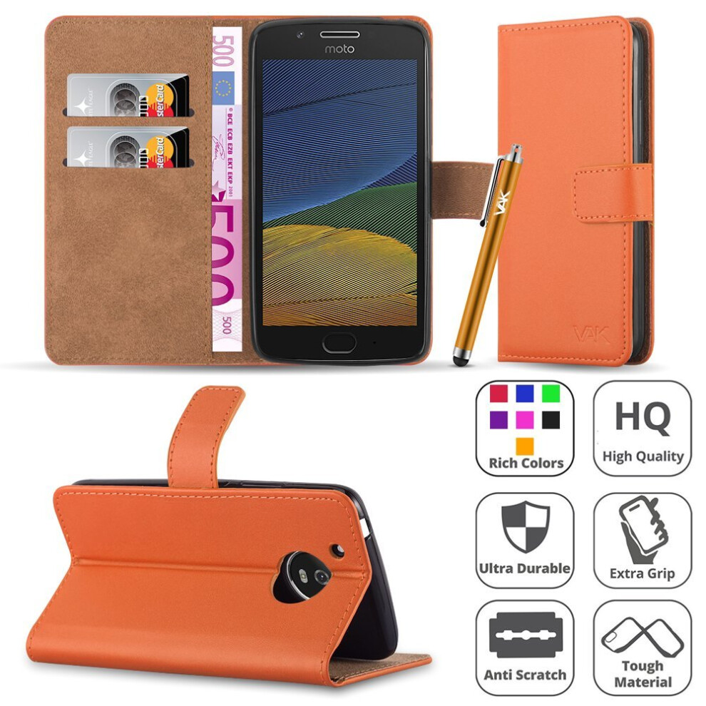 (Orange) For Moto G5 Plus Premium Leather Wallet Case Cover