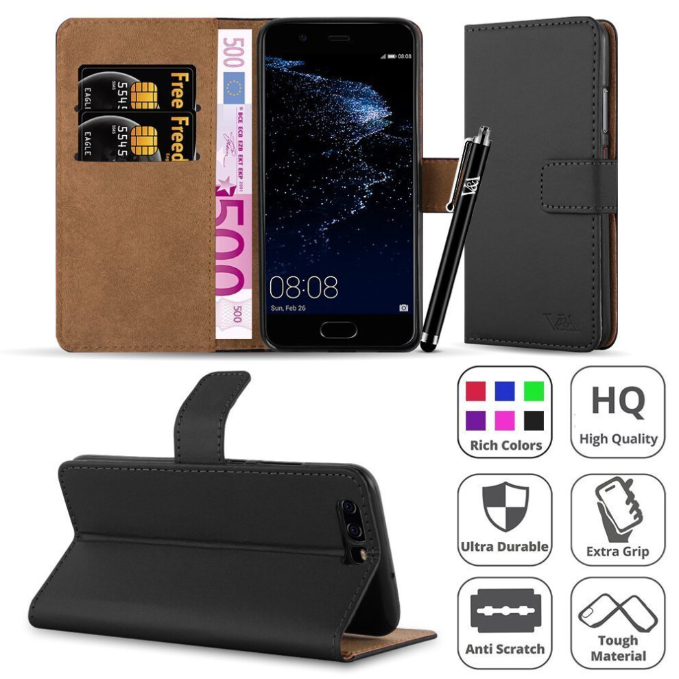 (Black) For Huawei P10 Leather Flip Wallet Case Cover Black 7426820137390