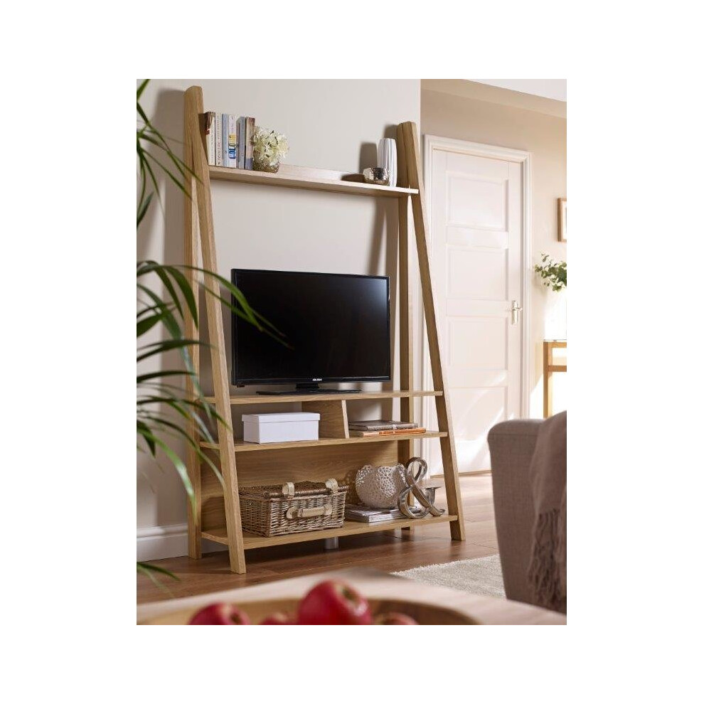 Oak Ladder TV Stand Leaning Media Entertainment Centre Shelving Unit