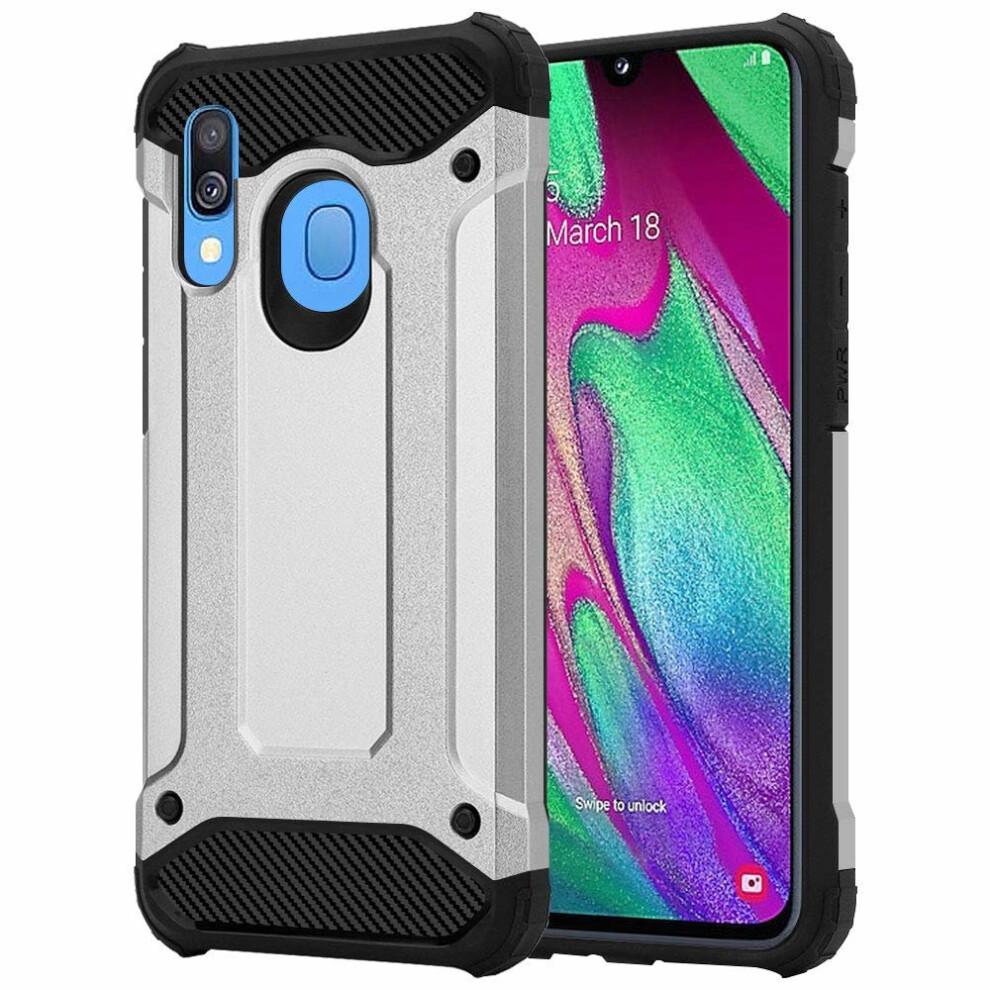 (Silver) For Galaxy A40 Hard Tough Armour Defender Case Silver 5056298003587