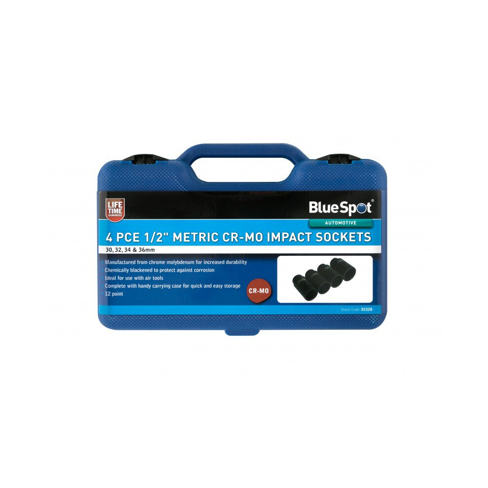 Bluespot 4 Piece 1/2" Dr Metric Cr-Mo Metric Impact Sockets 30 - 36Mm
