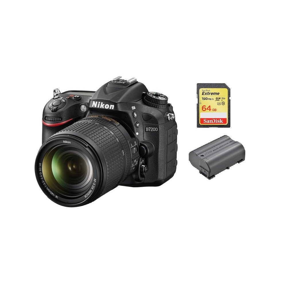 Nikon D7200 + AF-S 18-140mm VR + SanDisk Extreme 64 Go SD + EN-EL15B - Kit polyvalent prêt à l'emploi