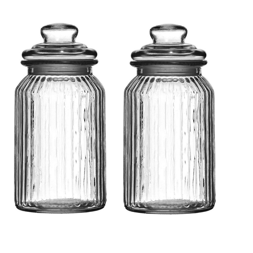 Set Of 2 Ribbed Glass Storage Jars, Clear, 1300 ml