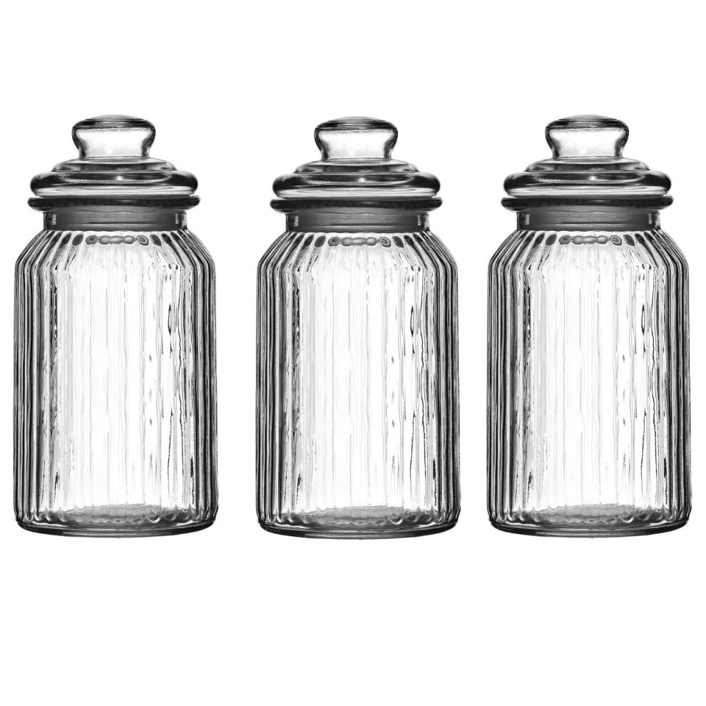 Set Of 3 Ribbed Glass Storage Jars, Clear, 1300 ml