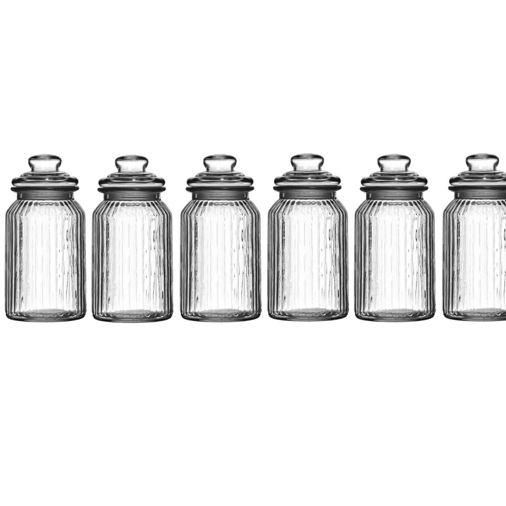 Set Of 6 Ribbed Glass Storage Jars, Clear, 1300 ml