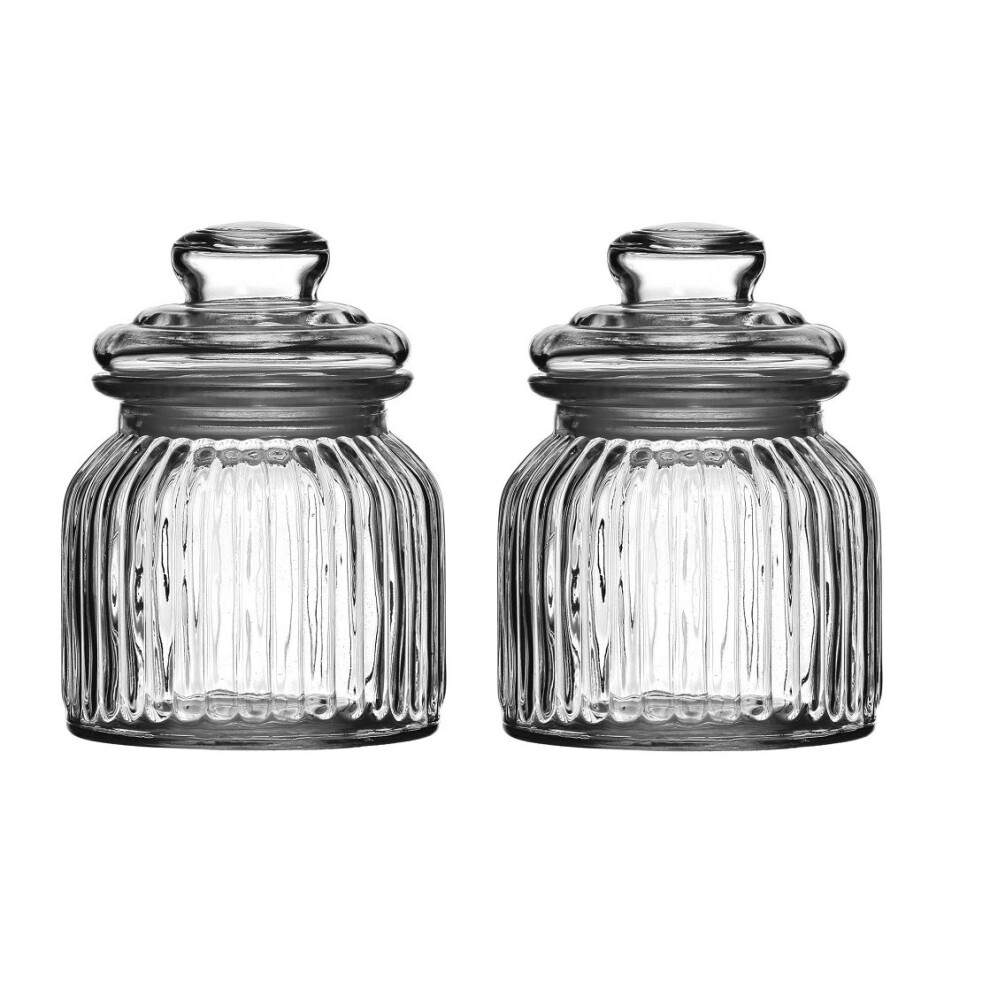 Set Of 2 Ribbed Glass Storage Jars, Clear, 600 ml