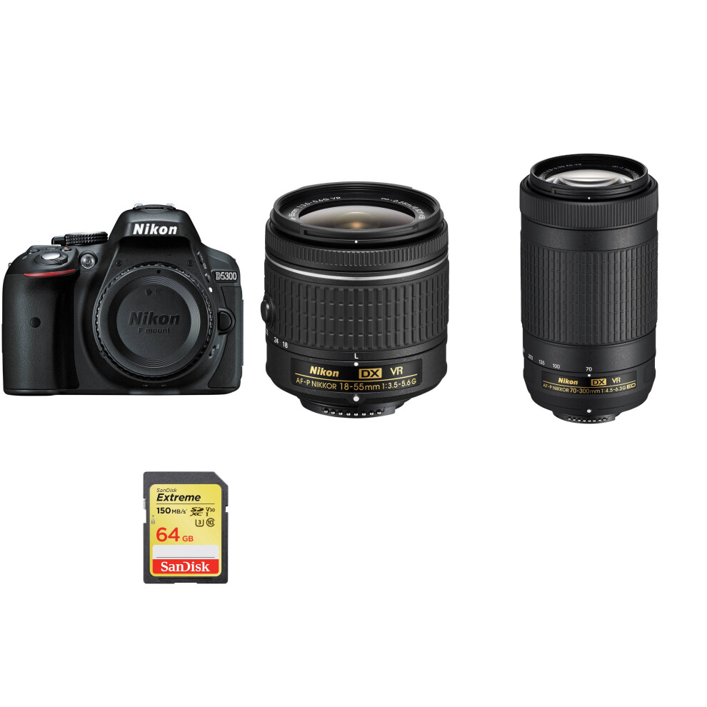 Nikon D5300 noir avec AF-P 18-55mm et AF-P 70-300mm F/4.5-6.3 + SanDisk Extreme 64 Go SD - Reflex DX 24,2 MP, Wi-Fi, GPS, Full HD