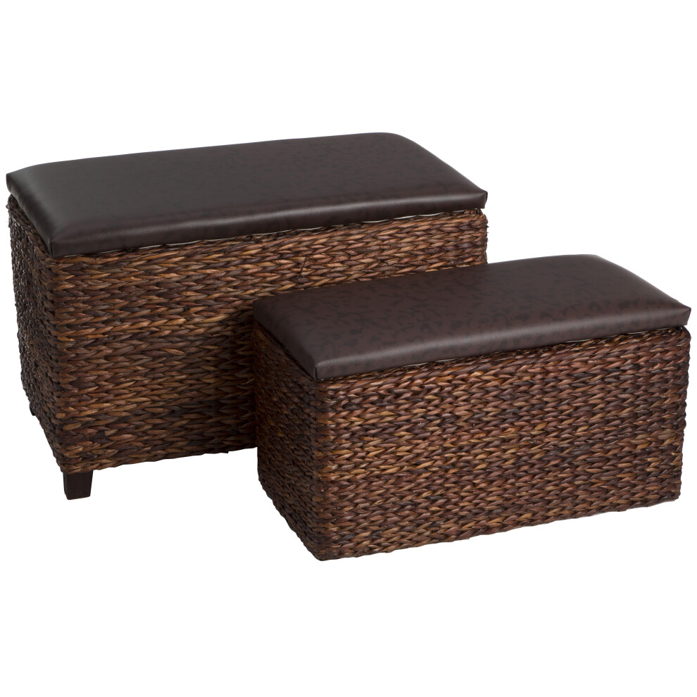Set Of 2 Cattail Leaf Ottoman Storage Boxes, Brown