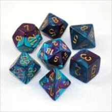Chessex Manufacturing 26449 Cube Gemini Set Of 7 Dice - Purple & Teal With Gold Numbering - Board Game