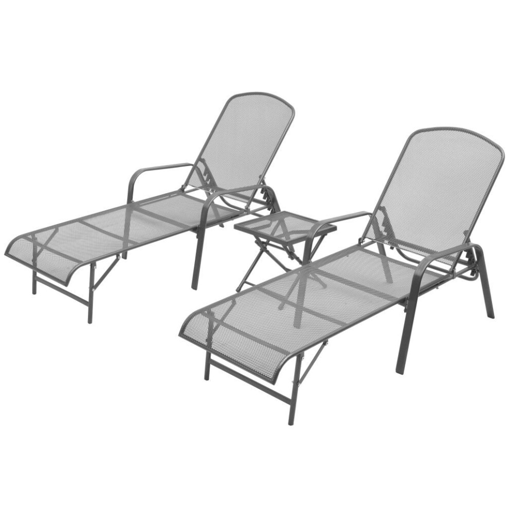 Vidaxl 2X Sunloungers With Table Steel Mesh Adjustable Reclining Chairs Patio