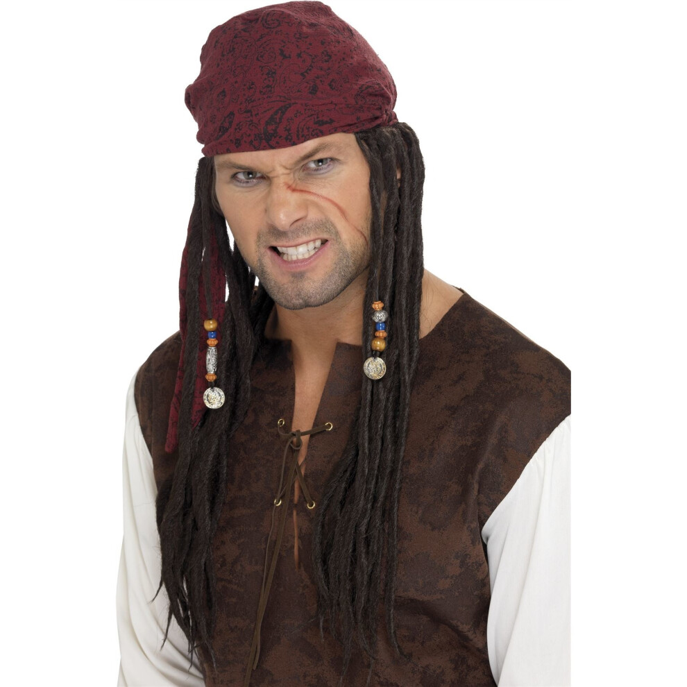 Smiffy's Adult's Pirate Captain Wig - Wig Pirate Scarf Fancy Dress Mens Caribbean Brown
