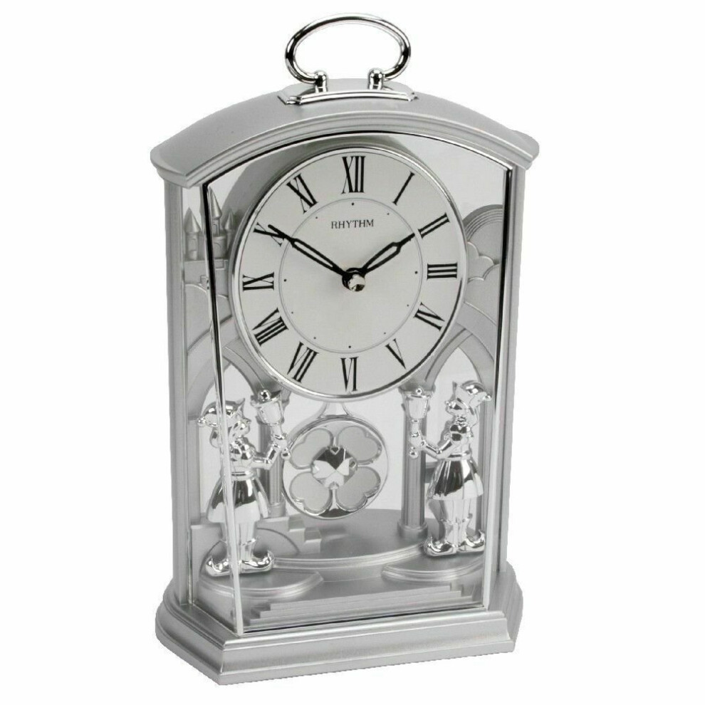 Rhythm Silver Footmen Pendulum Carriage Clock - Silent Swing, Analogue Quartz, Two-Tone Finish, Includes 2x AA Batteries 4RP796WR19