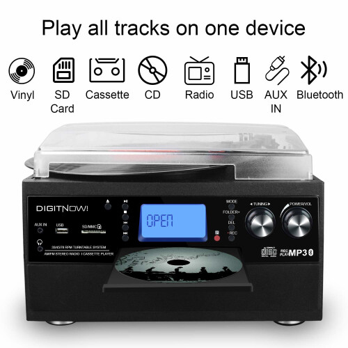 DIGITNOW Bluetooth Turntable Record Player | CD Cassette AM/FM Radio 1