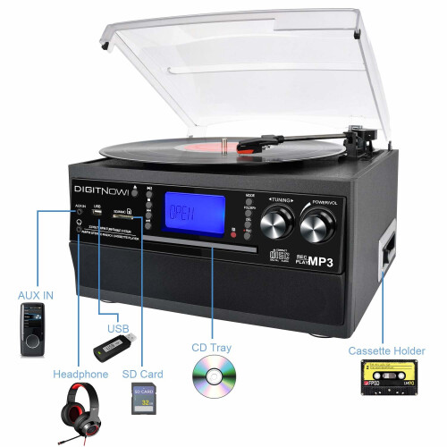 DIGITNOW Bluetooth Turntable Record Player | CD Cassette AM/FM Radio 2