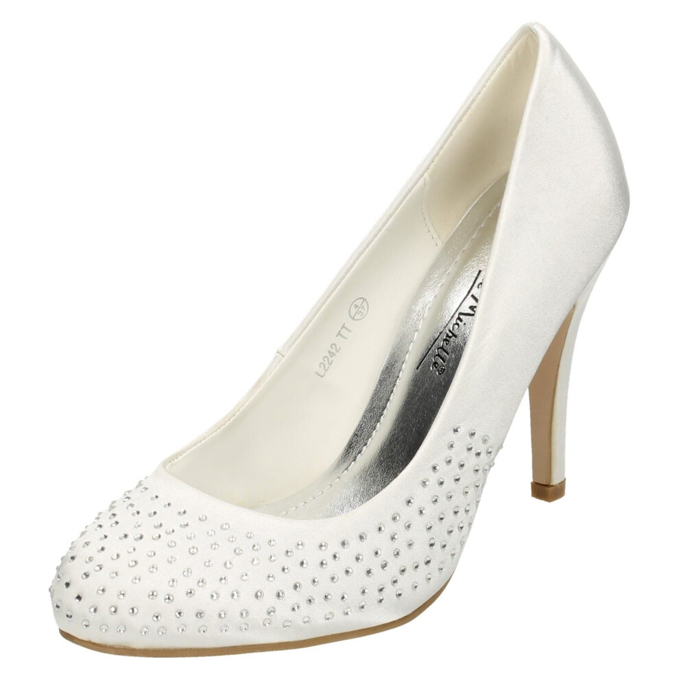 (UK 5, White) Ladies Anne Michelle Diamante Court Shoes