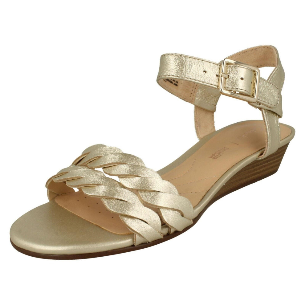 (UK 3.5, Champagne (Gold)) Ladies Clarks Wedge Heeled Sandals Mena Blossom - D Fit