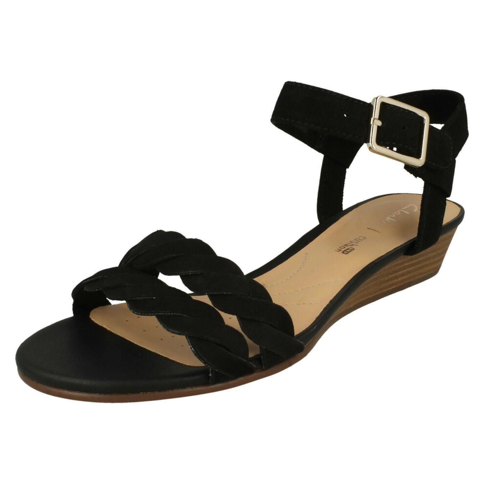 (UK 6, Black) Ladies Clarks Wedge Heeled Sandals Mena Blossom - D Fit