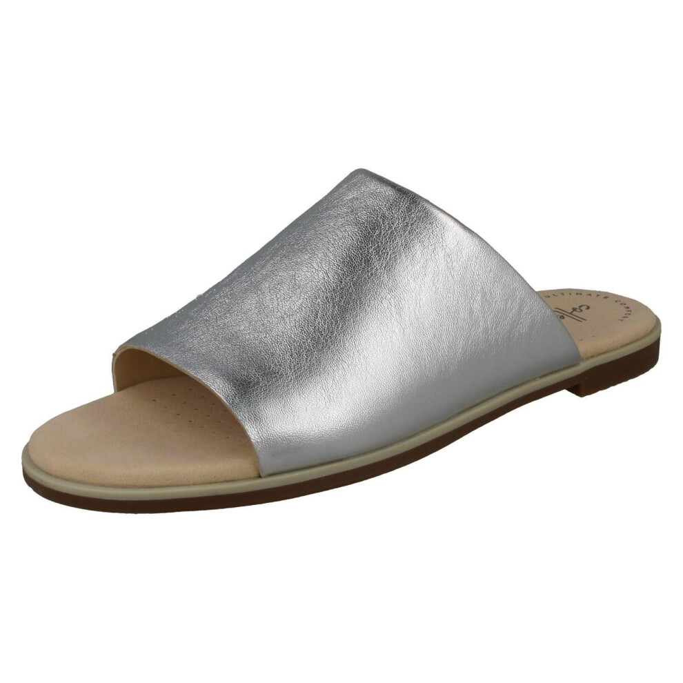 (UK 3.5, Silver Metallic (Silver)) Ladies Clarks Peep-Toe Mule Sandals Bay Petal - D Fit