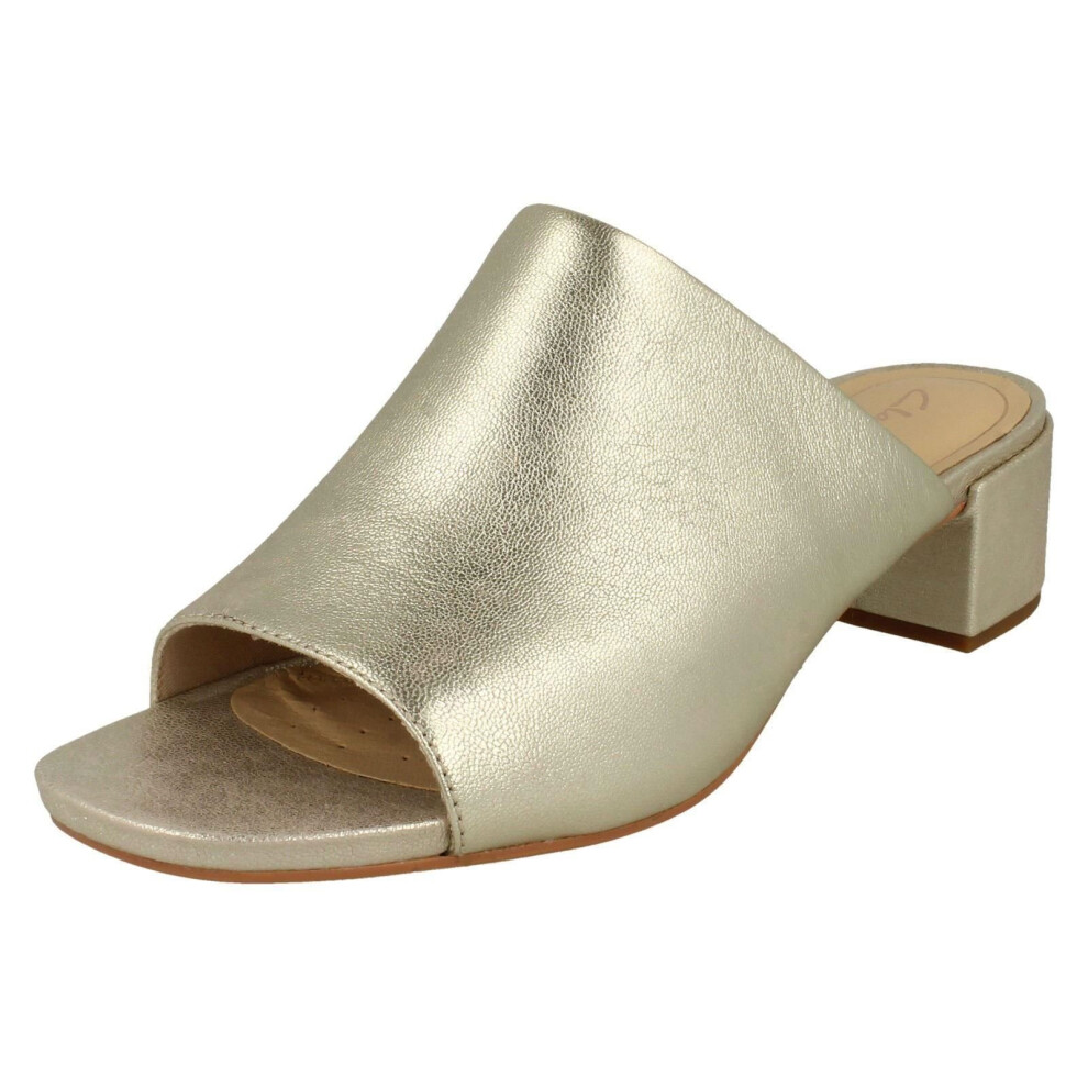 (UK 3.5, Champagne (Gold)) Ladies Clarks Heeled Mule Sandals Orabella Daisy - D Fit